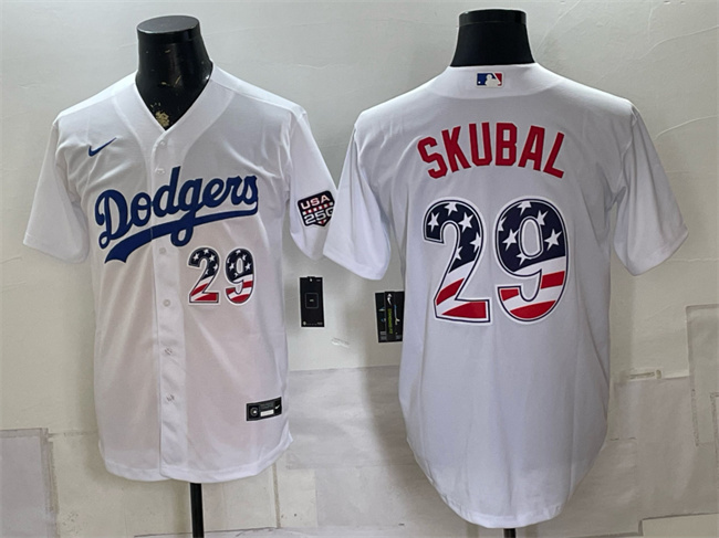 Men's Los Angeles Dodgers #29 Tarik Skubal White USA 250 Fourth of July Home Stitched Baseball Jersey